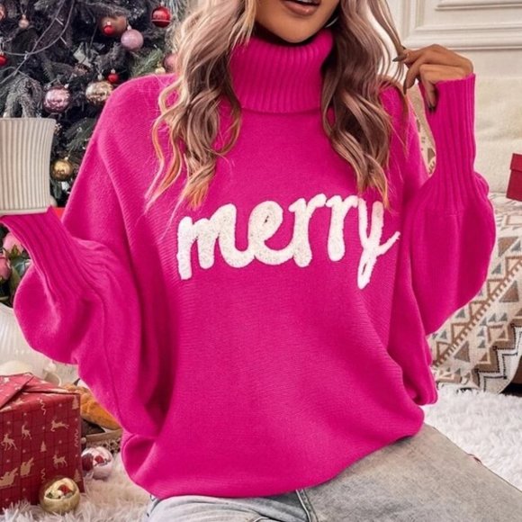 Holiday Turtleneck Dolman Sleeve knit Sweater top Pink - Picture 7 of 7